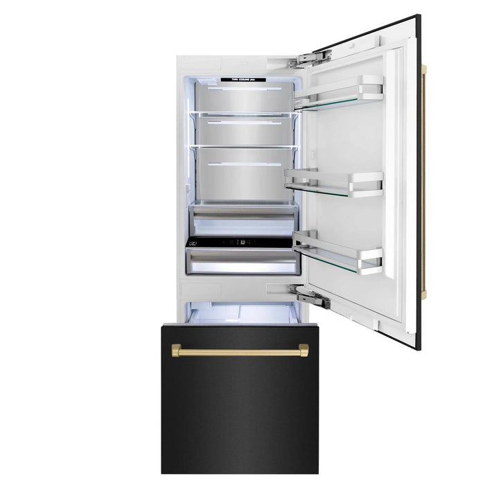 ZLINE 30" Autograph 16.1 cu. ft. 2 - Door Bottom Freezer Fridge Water/Ice Dispenser Black Stainless Steel Champagne Bronze Accents RBIVZ - BS - 30 - CB - Farmhouse Kitchen and Bath