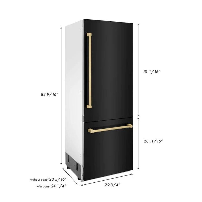 ZLINE 30" Autograph 16.1 cu. ft. 2 - Door Bottom Freezer Fridge Water/Ice Dispenser Black Stainless Steel Champagne Bronze Accents RBIVZ - BS - 30 - CB - Farmhouse Kitchen and Bath