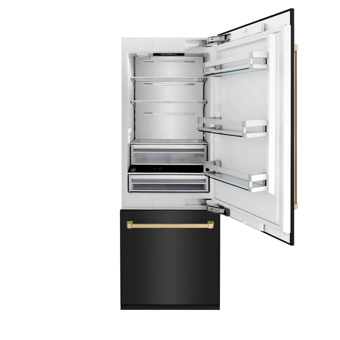 ZLINE 30" Autograph 16.1 cu. ft. 2 - Door Bottom Freezer Fridge Water/Ice Dispenser Black Stainless Steel Champagne Bronze Accents RBIVZ - BS - 30 - CB - Farmhouse Kitchen and Bath