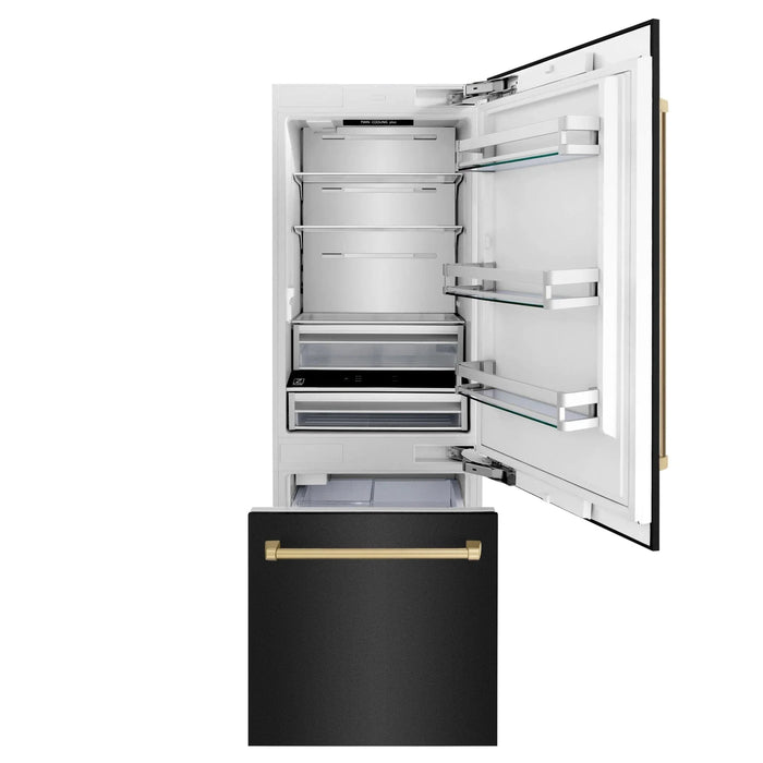 ZLINE 30" Autograph 16.1 cu. ft. 2 - Door Bottom Freezer Fridge Water/Ice Dispenser Black Stainless Steel Champagne Bronze Accents RBIVZ - BS - 30 - CB - Farmhouse Kitchen and Bath