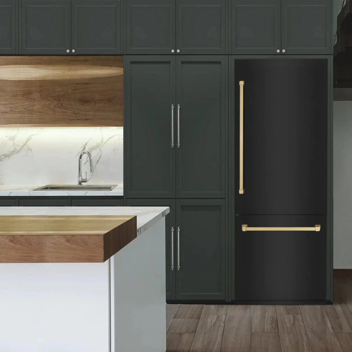 ZLINE 30" Autograph 16.1 cu. ft. 2 - Door Bottom Freezer Fridge Water/Ice Dispenser Black Stainless Steel Champagne Bronze Accents RBIVZ - BS - 30 - CB - Farmhouse Kitchen and Bath