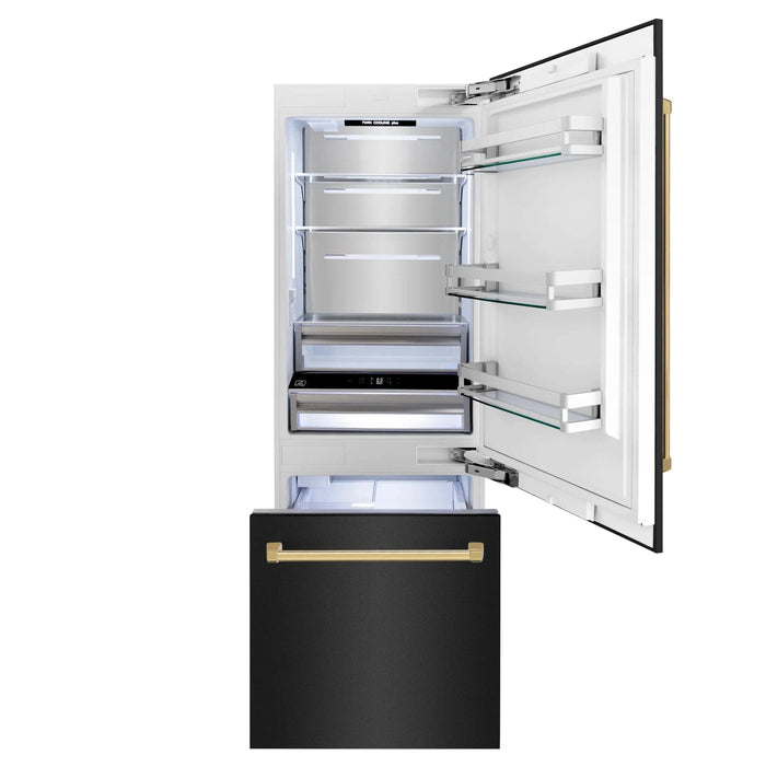 ZLINE 30" Autograph 16.1 cu. ft. 2 - Door Bottom Freezer Fridge Water/Ice Dispenser Black Stainless Steel Gold Accents RBIVZ - BS - 30 - G - Farmhouse Kitchen and Bath