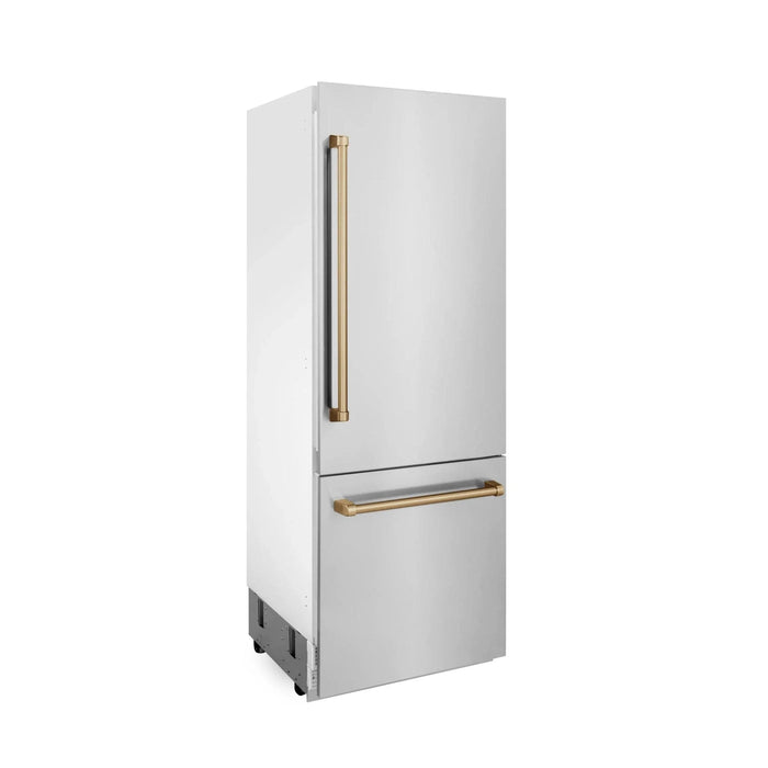 ZLINE 30" Autograph 16.1 cu. ft. 2 - Door Bottom Freezer Fridge Water/Ice Dispenser Stainless Steel Champagne Bronze Accents RBIVZ - 304 - 30 - CB - Farmhouse Kitchen and Bath