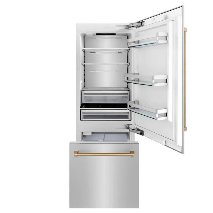 ZLINE 30" Autograph 16.1 cu. ft. 2 - Door Bottom Freezer Fridge Water/Ice Dispenser Stainless Steel Champagne Bronze Accents RBIVZ - 304 - 30 - CB - Farmhouse Kitchen and Bath