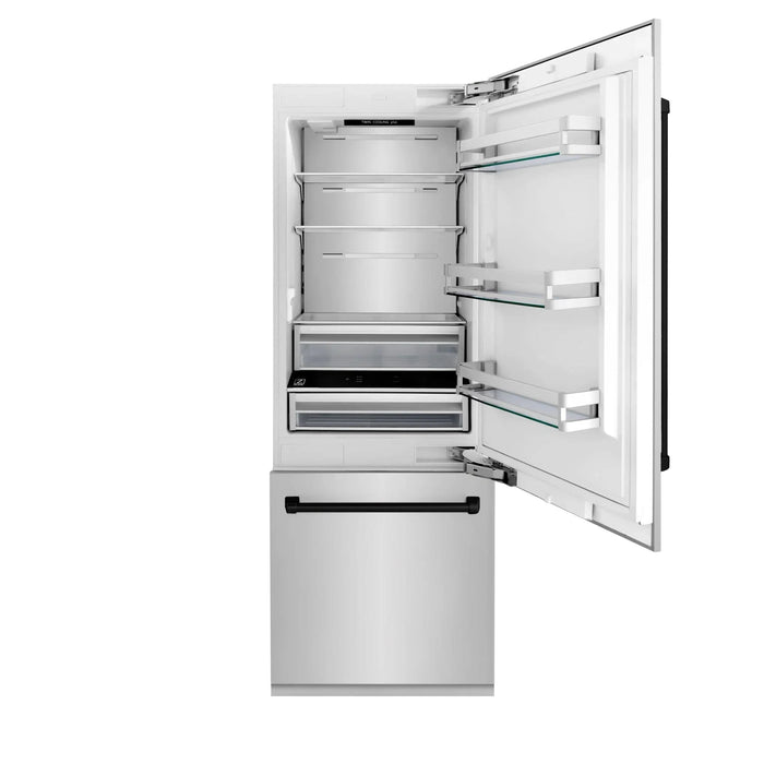 ZLINE 30" Autograph 16.1 cu. ft. 2 - Door Bottom Freezer Fridge Water/Ice Dispenser Stainless Steel Matte Black Accents RBIVZ - 304 - 30 - MB - Farmhouse Kitchen and Bath