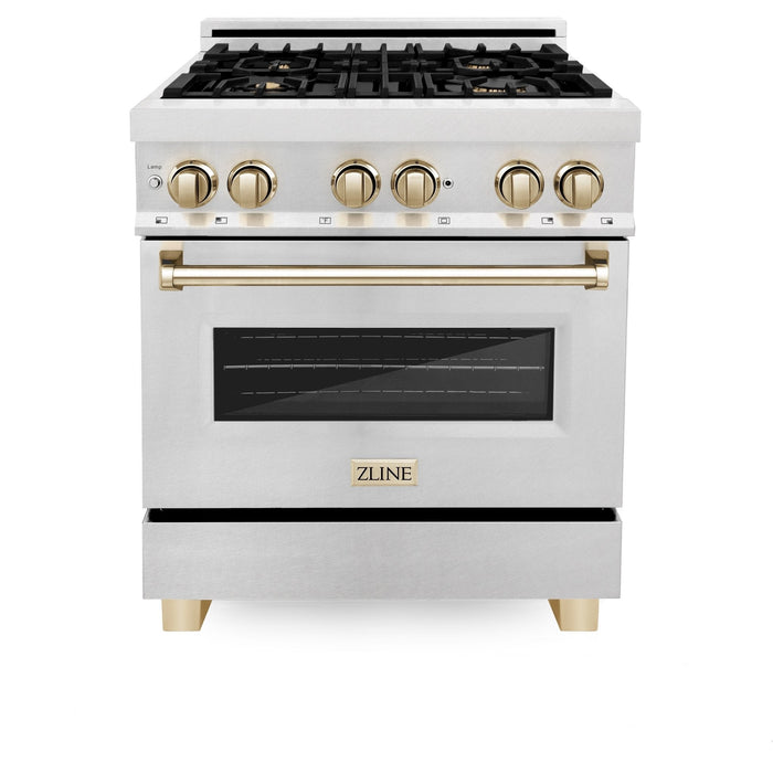 ZLINE 30" Autograph Dual Fuel Range, DuraSnow Stainless, Gold, RASZ - SN - 30 - G - Farmhouse Kitchen and Bath