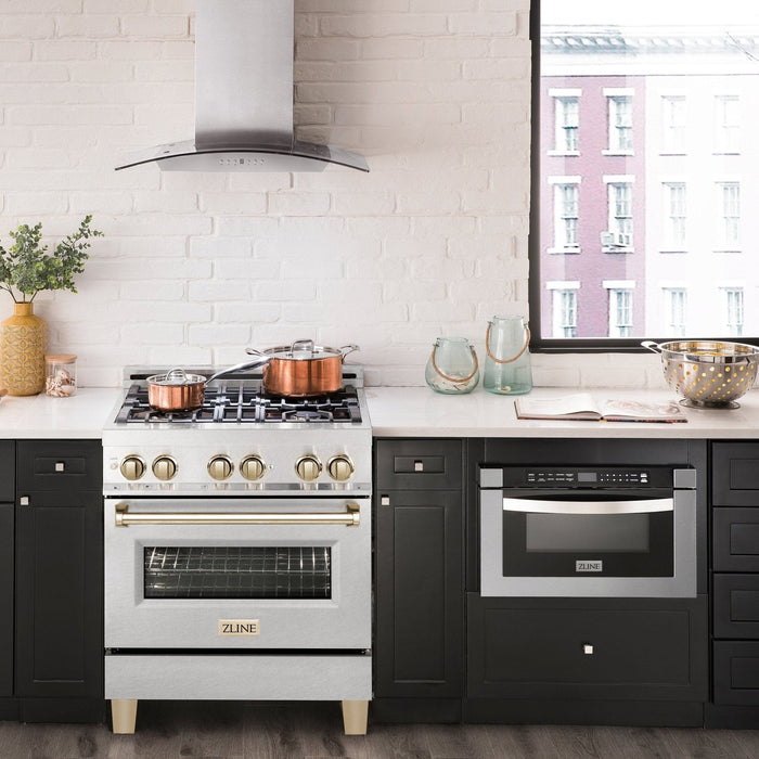 ZLINE 30" Autograph Dual Fuel Range, DuraSnow Stainless, Gold, RASZ - SN - 30 - G - Farmhouse Kitchen and Bath