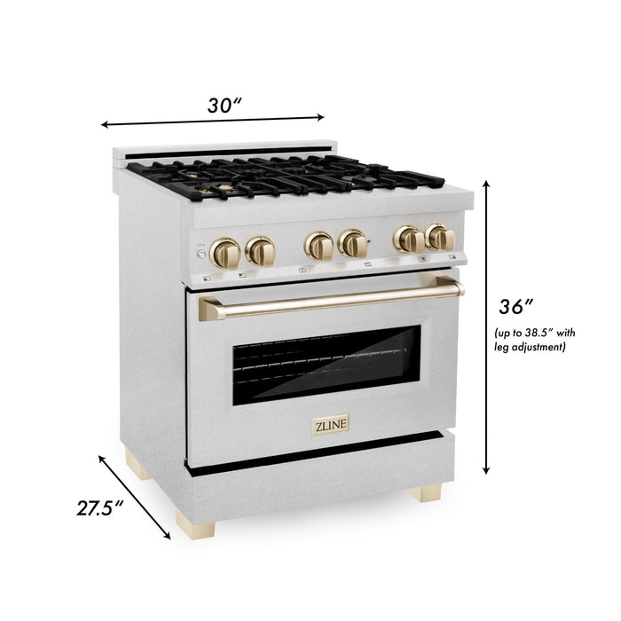 ZLINE 30" Autograph Dual Fuel Range, DuraSnow Stainless, Gold, RASZ - SN - 30 - G - Farmhouse Kitchen and Bath