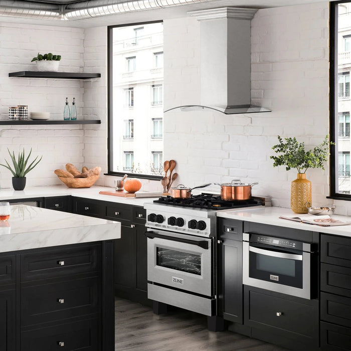 ZLINE 30" Autograph Dual Fuel Range, DuraSnow Stainless, RASZ - SN - 30 - MB - Farmhouse Kitchen and Bath