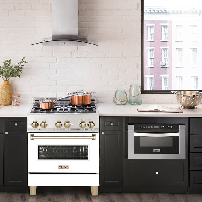 ZLINE 30" Autograph, Dual Fuel Range, White Door, Gold, RASZ - WM - 30 - G - Farmhouse Kitchen and Bath