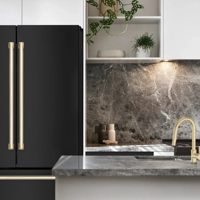 ZLINE 36" Autograph 22.5 cu. Ft French Door Refrigerator with Ice Maker Black Stainless Steel with Gold Accents RFMZ - 36 - BS - G - Farmhouse Kitchen and Bath