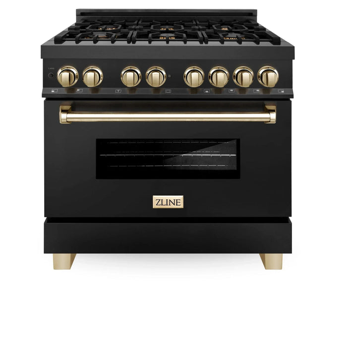 ZLINE 36" Autograph Dual Fuel Range, Black Stainless, Gold, RABZ - 36 - G - Farmhouse Kitchen and Bath