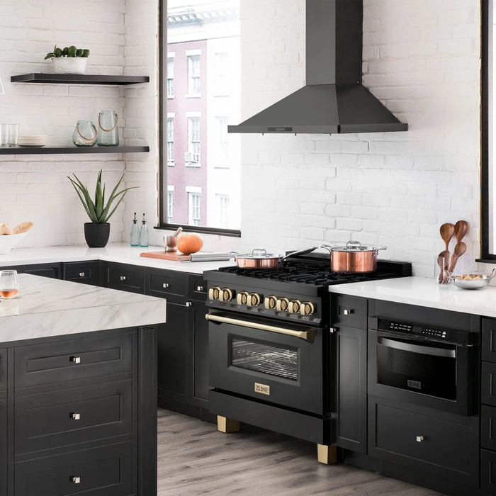 ZLINE 36" Autograph Dual Fuel Range, Black Stainless, Gold, RABZ - 36 - G - Farmhouse Kitchen and Bath