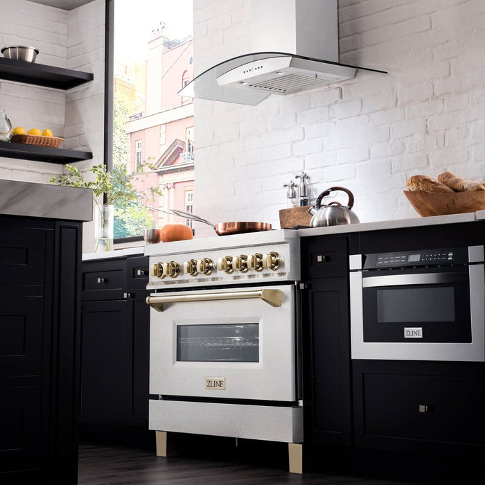 ZLINE 36" Autograph Dual Fuel Range, DuraSnow,Champagne, RASZ - SN - 36 - CB - Farmhouse Kitchen and Bath