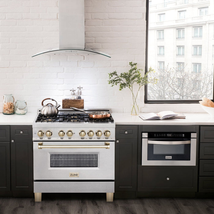 ZLINE 36" Autograph Dual Fuel Range, DuraSnow,Champagne, RASZ - SN - 36 - CB - Farmhouse Kitchen and Bath
