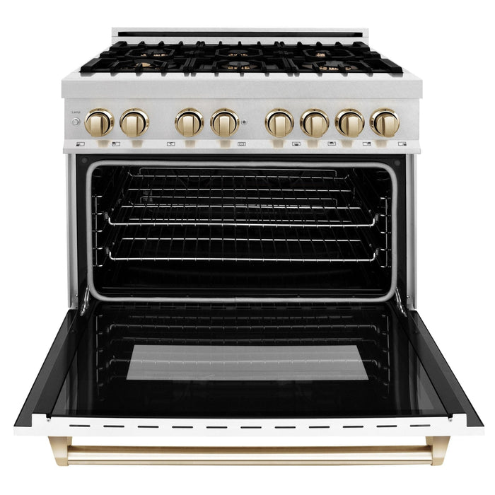 ZLINE 36" Autograph Dual Fuel Range, White, Champaign Accents, RAZ - WM - 36 - CB - Farmhouse Kitchen and Bath