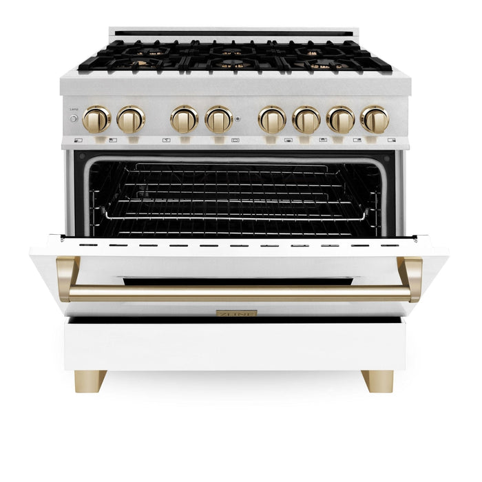 ZLINE 36" Autograph Dual Fuel Range, White, Champaign Accents, RAZ - WM - 36 - CB - Farmhouse Kitchen and Bath
