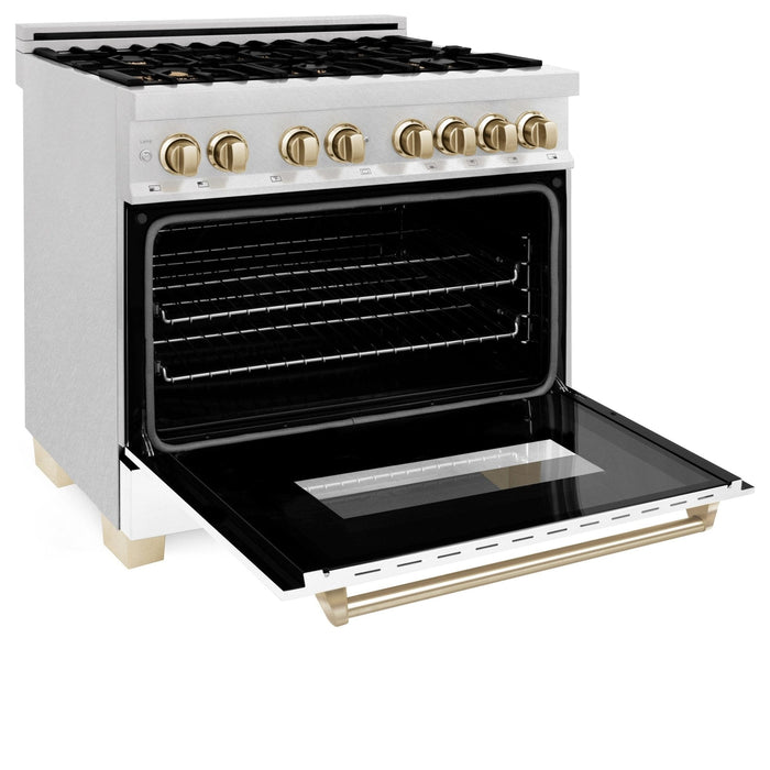 ZLINE 36" Autograph Dual Fuel Range, White, Champaign Accents, RAZ - WM - 36 - CB - Farmhouse Kitchen and Bath