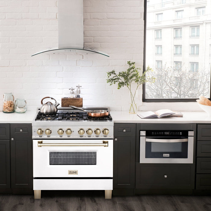 ZLINE 36" Autograph Dual Fuel Range, White, Champaign Accents, RAZ - WM - 36 - CB - Farmhouse Kitchen and Bath