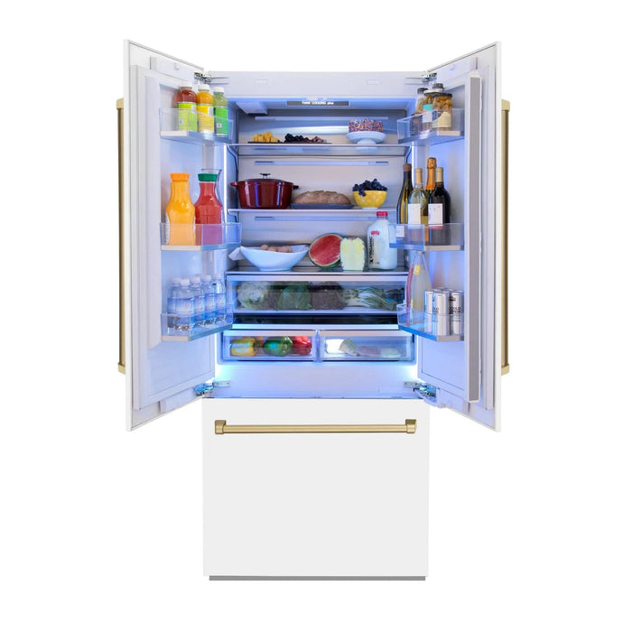 ZLINE 36" Autograph Edition French Door Refrigerator, Internal Water, Ice Dispenser, White Matte, Champagne Bronze Accents RBIVZ - WM - 36 - CB - Farmhouse Kitchen and Bath