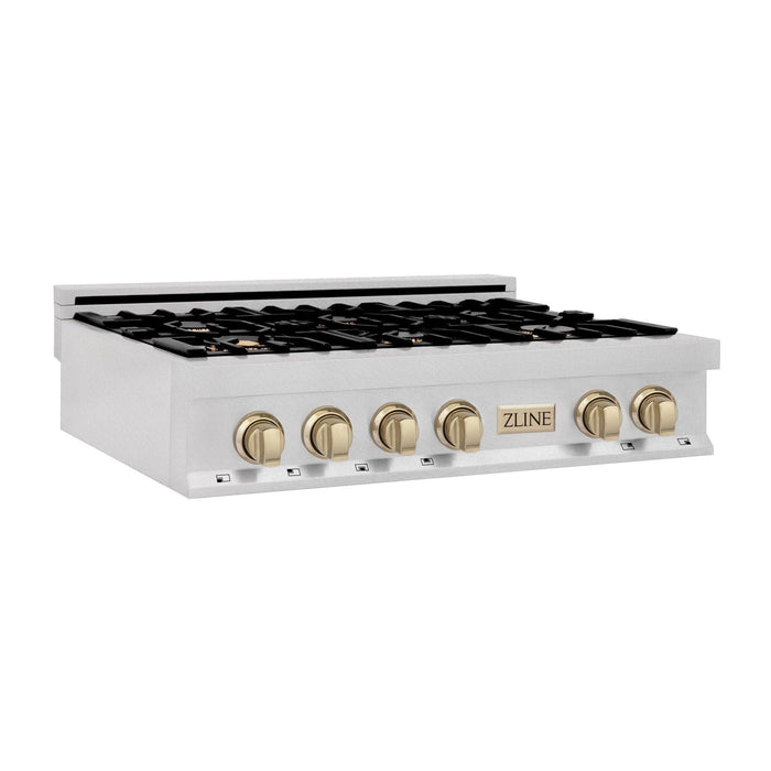 ZLINE 36" Autograph Edition Rangetop, DuraSnow, Gold Accent, RTSZ - 36 - G - Farmhouse Kitchen and Bath