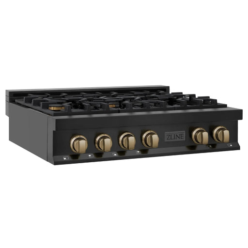 ZLINE 36" Autograph Rangetop, Black Stainless, Gold Accents, RTBZ - 36 - CB - Farmhouse Kitchen and Bath