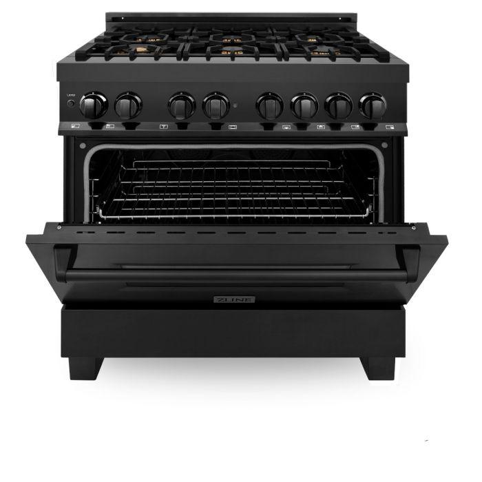ZLINE 36" Black Stainless, Gas Burner/Electric Oven, Brass Burners, RAB - BR - 36 - Farmhouse Kitchen and Bath