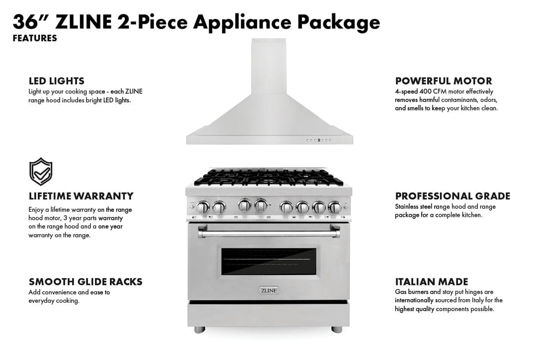 ZLINE 36" Bundle Range RA36 & Wall Range Hood KB - 36, 2KP - RARH36 - Farmhouse Kitchen and Bath