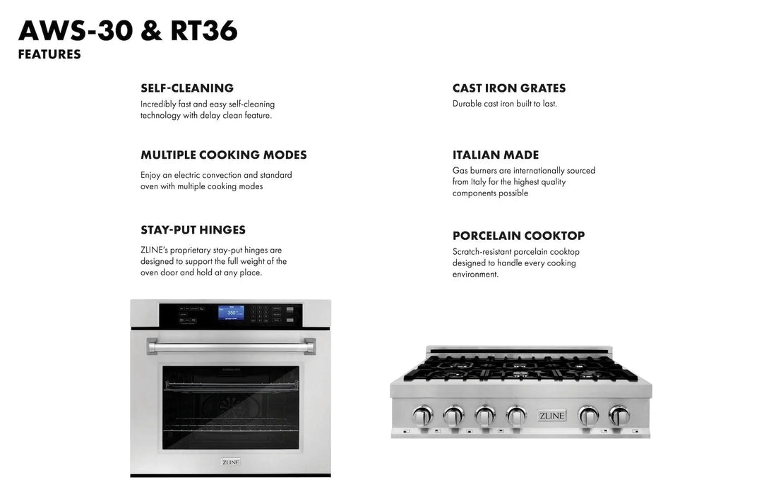 ZLINE 36" Bundle Range Top RT36 & Wall Oven AWS - 30, 2KP - RTAWS36 - Farmhouse Kitchen and Bath