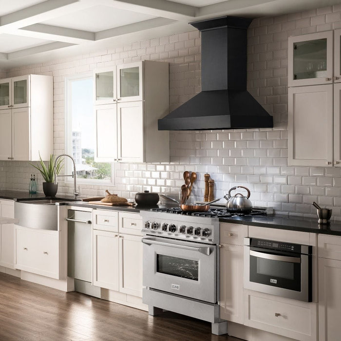 ZLINE 36" Dual Fuel Range, DuraSnow, Stainless, Brass Burners, RAS - SN - BR - 36 - Farmhouse Kitchen and Bath