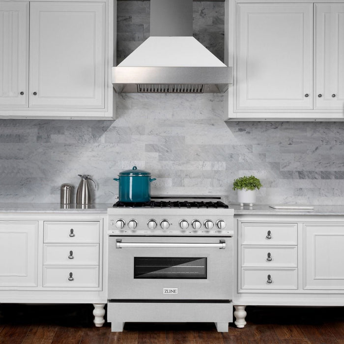 ZLINE 36" Dual Fuel Range, DuraSnow, Stainless, Brass Burners, RAS - SN - BR - 36 - Farmhouse Kitchen and Bath