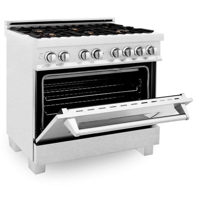 ZLINE 36" Dual Fuel Range, DuraSnow, Stainless, Brass Burners, RAS - SN - BR - 36 - Farmhouse Kitchen and Bath