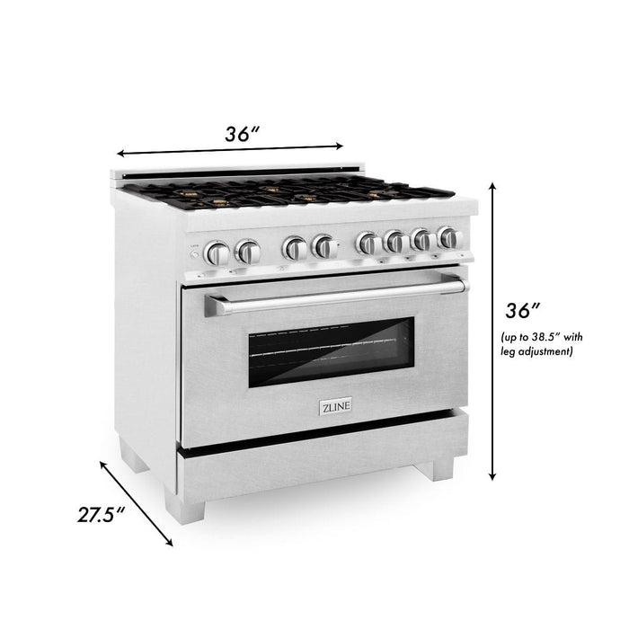 ZLINE 36" Dual Fuel Range, DuraSnow, Stainless, Brass Burners, RAS - SN - BR - 36 - Farmhouse Kitchen and Bath