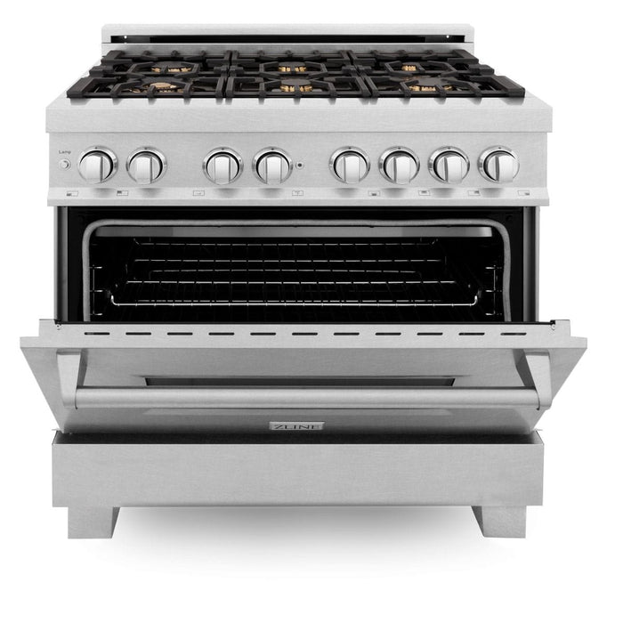 ZLINE 36" Dual Fuel Range, DuraSnow, Stainless, Brass Burners, RAS - SN - BR - 36 - Farmhouse Kitchen and Bath