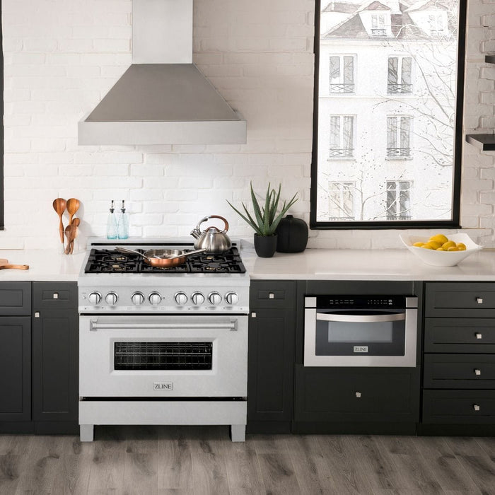 ZLINE 36" Dual Fuel Range, DuraSnow, Stainless, Brass Burners, RAS - SN - BR - 36 - Farmhouse Kitchen and Bath