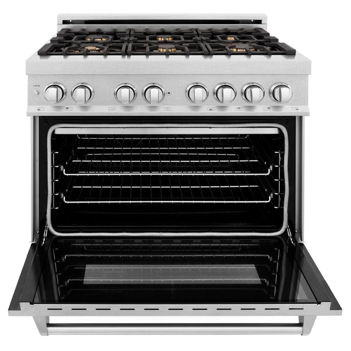 ZLINE 36" Dual Fuel Range, DuraSnow, Stainless, Brass Burners, RAS - SN - BR - 36 - Farmhouse Kitchen and Bath