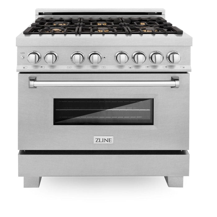 ZLINE 36" Dual Fuel Range, DuraSnow, Stainless, Brass Burners, RAS - SN - BR - 36 - Farmhouse Kitchen and Bath