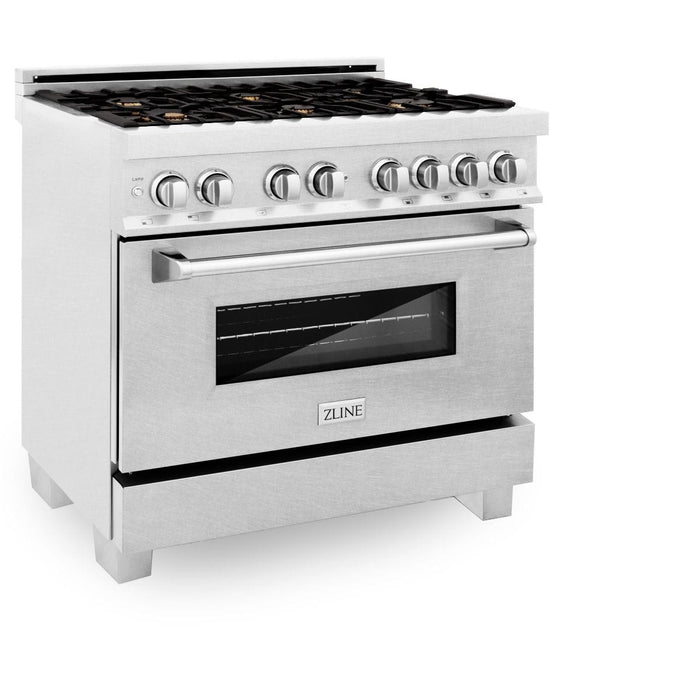 ZLINE 36" Dual Fuel Range, DuraSnow, Stainless, Brass Burners, RAS - SN - BR - 36 - Farmhouse Kitchen and Bath
