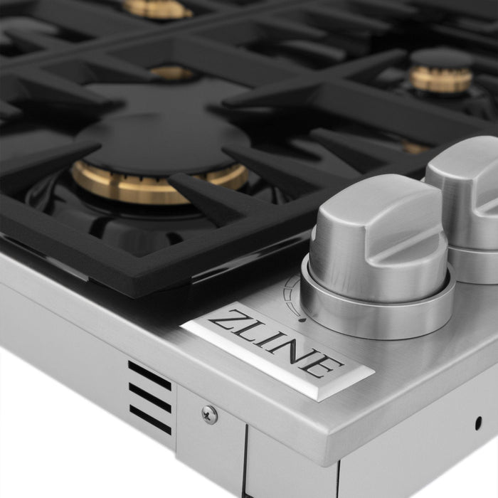 ZLINE 36" Gas Cooktop with 6 Gas Brass Burners and Black Porcelain Top RC - BR - 36 - PBT - Farmhouse Kitchen and Bath