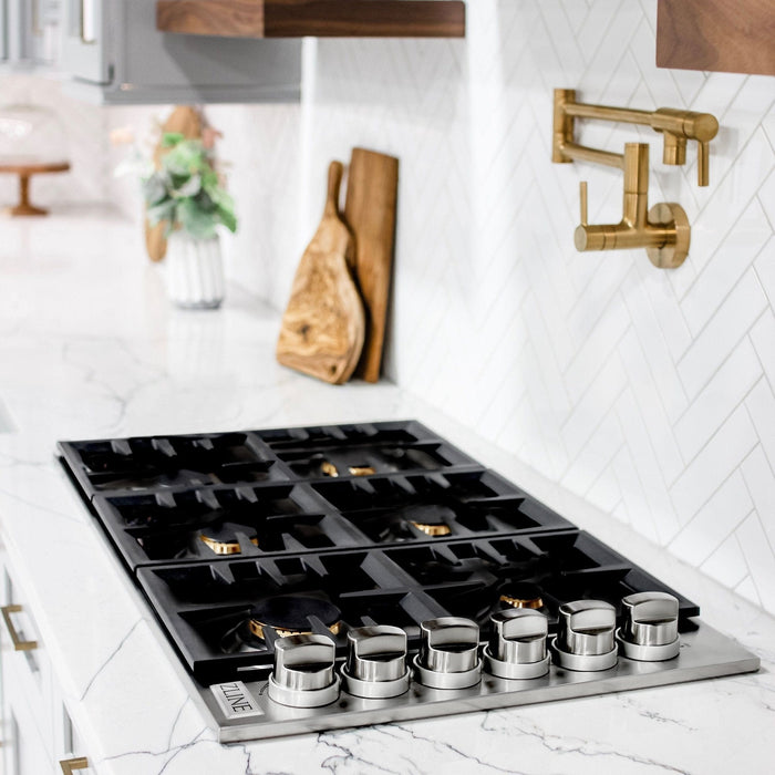 ZLINE 36" Gas Cooktop with 6 Gas Brass Burners and Black Porcelain Top RC - BR - 36 - PBT - Farmhouse Kitchen and Bath