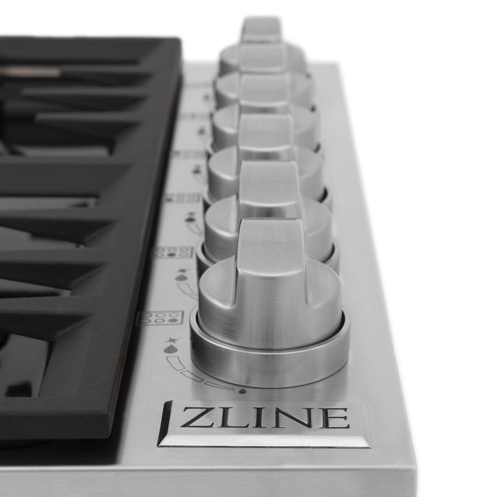 ZLINE 36" Gas Cooktop with 6 Gas Brass Burners and Black Porcelain Top RC - BR - 36 - PBT - Farmhouse Kitchen and Bath
