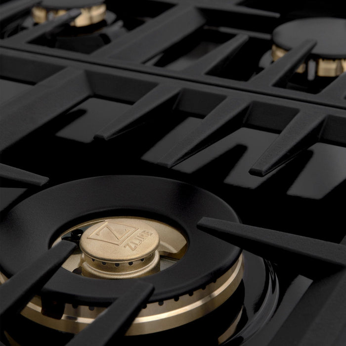 ZLINE 36" Gas Cooktop with 6 Gas Brass Burners and Black Porcelain Top RC - BR - 36 - PBT - Farmhouse Kitchen and Bath