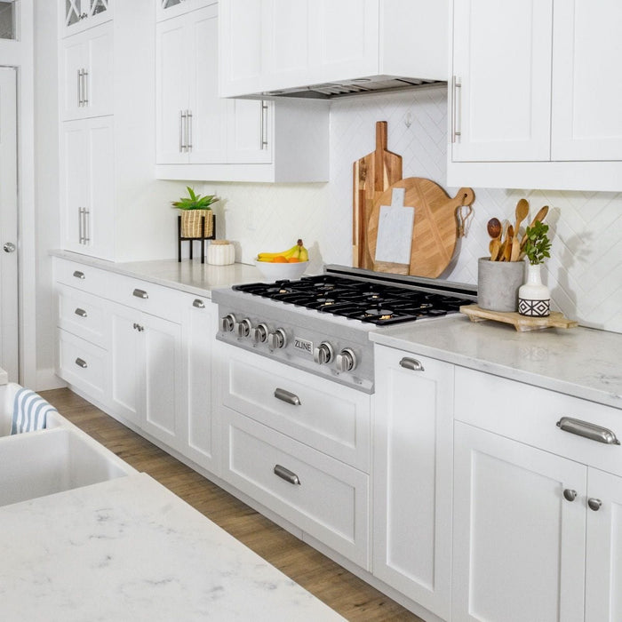 ZLINE 36" Porcelain Rangetop, DuraSnow®, 6 Brass Burners, RTS - BR - 36 - Farmhouse Kitchen and Bath