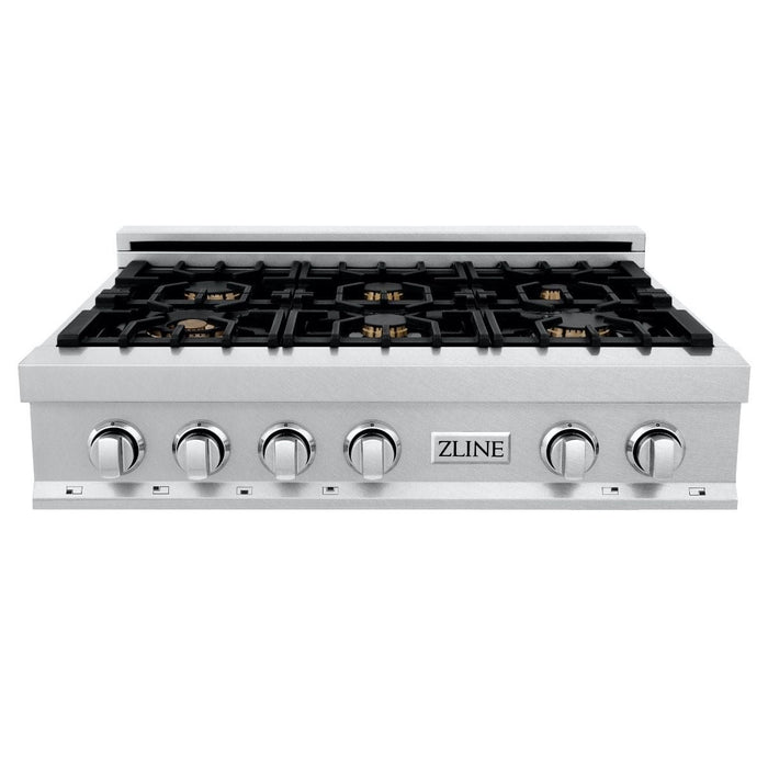 ZLINE 36" Porcelain Rangetop, DuraSnow®, 6 Brass Burners, RTS - BR - 36 - Farmhouse Kitchen and Bath