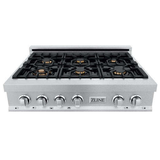 ZLINE 36" Porcelain Rangetop, DuraSnow®, 6 Brass Burners, RTS - BR - 36 - Farmhouse Kitchen and Bath