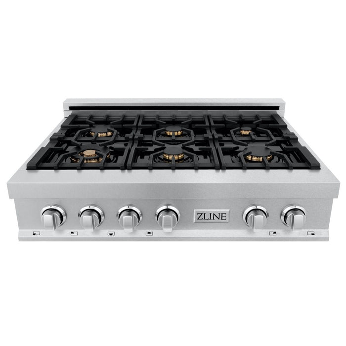 ZLINE 36" Porcelain Rangetop, DuraSnow®, 6 Brass Burners, RTS - BR - 36 - Farmhouse Kitchen and Bath