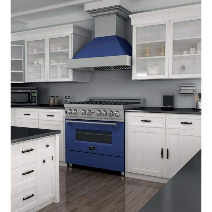 ZLINE 36" Professional Dual Fuel Range in Snow Stainless, Blue Gloss Door, RAS - BG - 36 - Farmhouse Kitchen and Bath