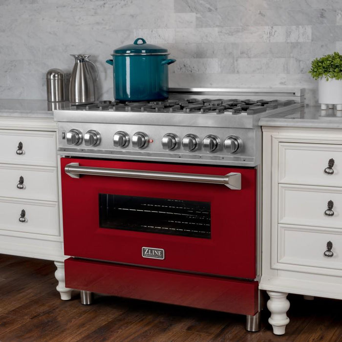 ZLINE 36" Professional Dual Fuel Range in Snow Stainless with Red Gloss Door, RAS - RG - 36 - Farmhouse Kitchen and Bath