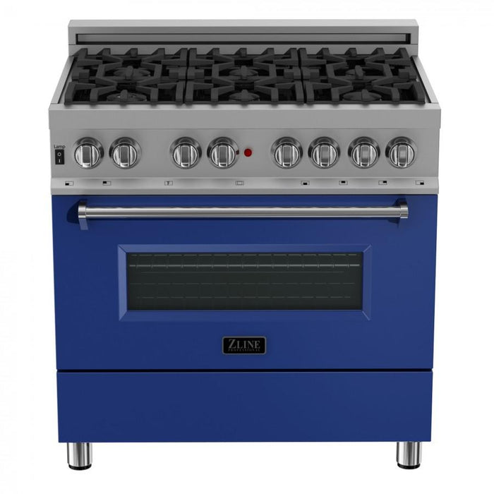 ZLINE 36" Professional Dual Fuel Range, Snow Stainless, Blue Matte Door, RAS - BM - 36 - Farmhouse Kitchen and Bath
