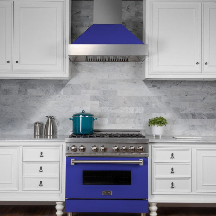 ZLINE 36" Professional Dual Fuel Range, Snow Stainless, Blue Matte Door, RAS - BM - 36 - Farmhouse Kitchen and Bath